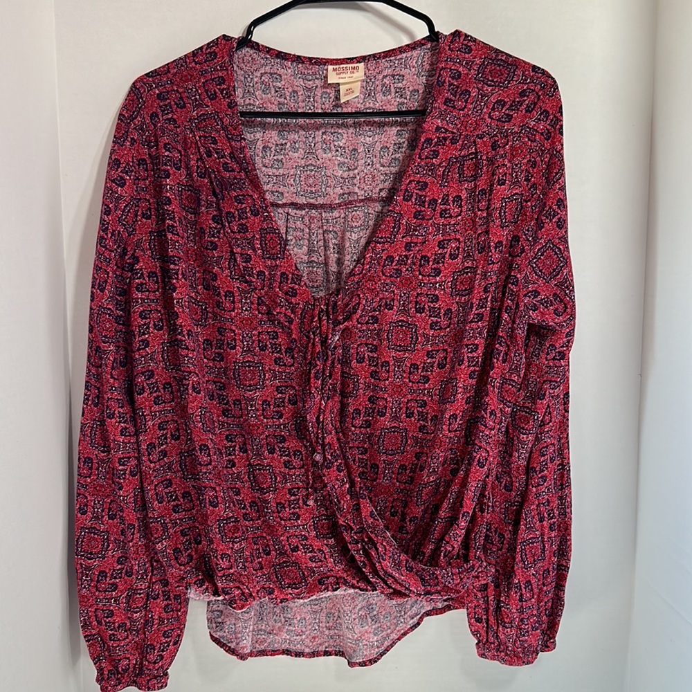 Mossimo supply co red rayon long sleeve faux wrap top size XXL lightweight